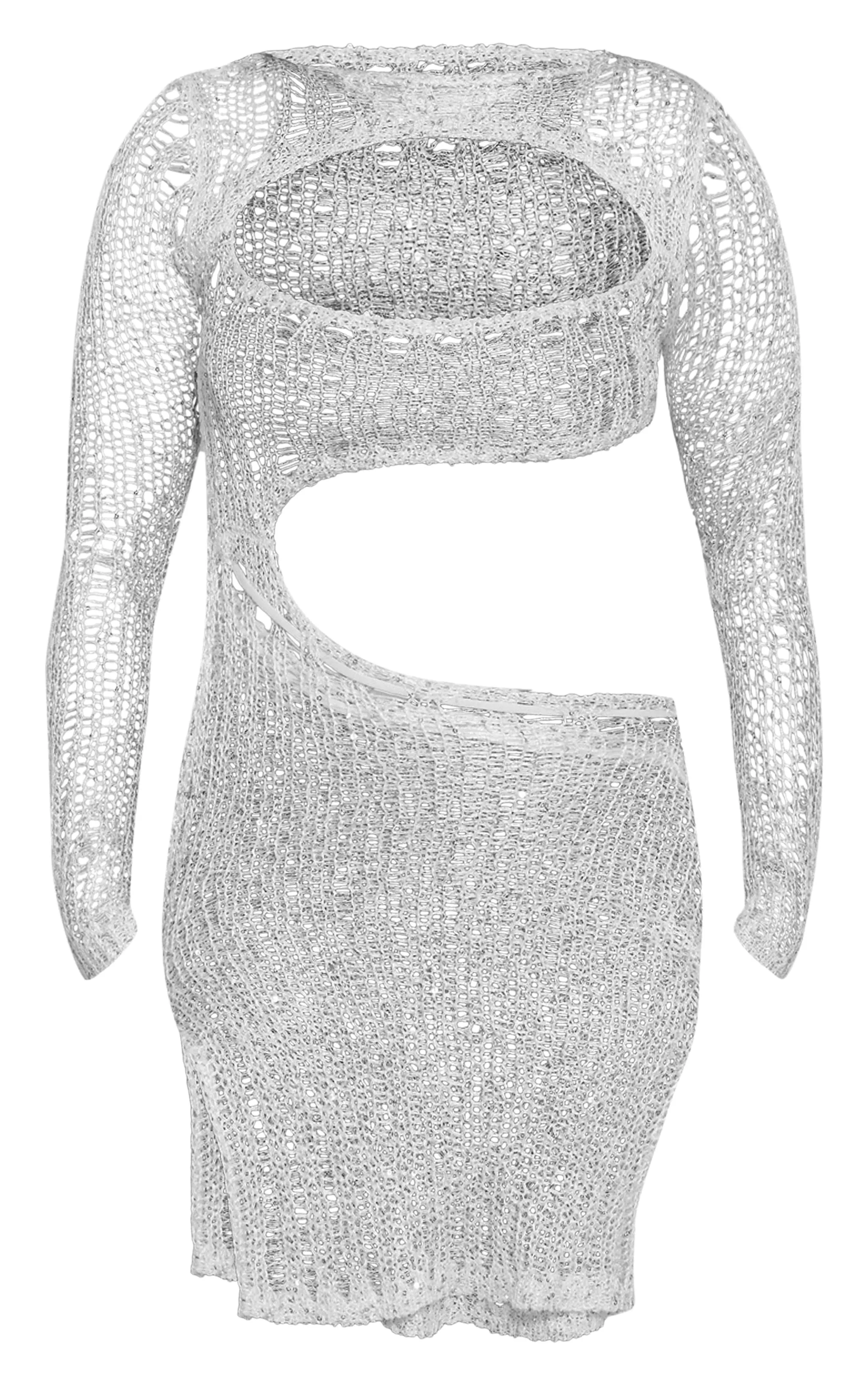 Mini-robe en maille style crochet gris pierre découpée à sequins