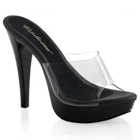 Mules à talon de 13 cm et à plateforme noires vernis et dessus transparent grande taille 