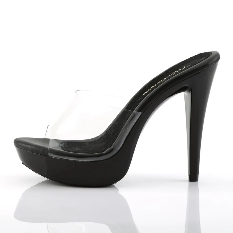 Mules à talon de 13 cm et à plateforme noires vernis et dessus transparent grande taille 