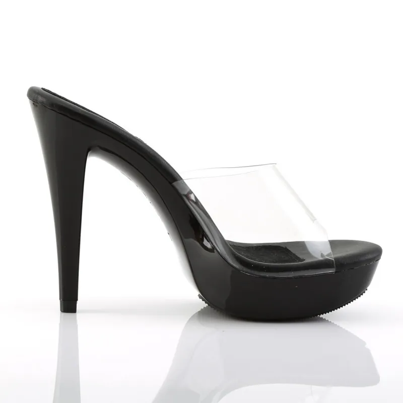 Mules à talon de 13 cm et à plateforme noires vernis et dessus transparent grande taille 