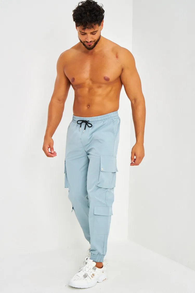 Pantalon de jogging bleu grisé double poches cargo