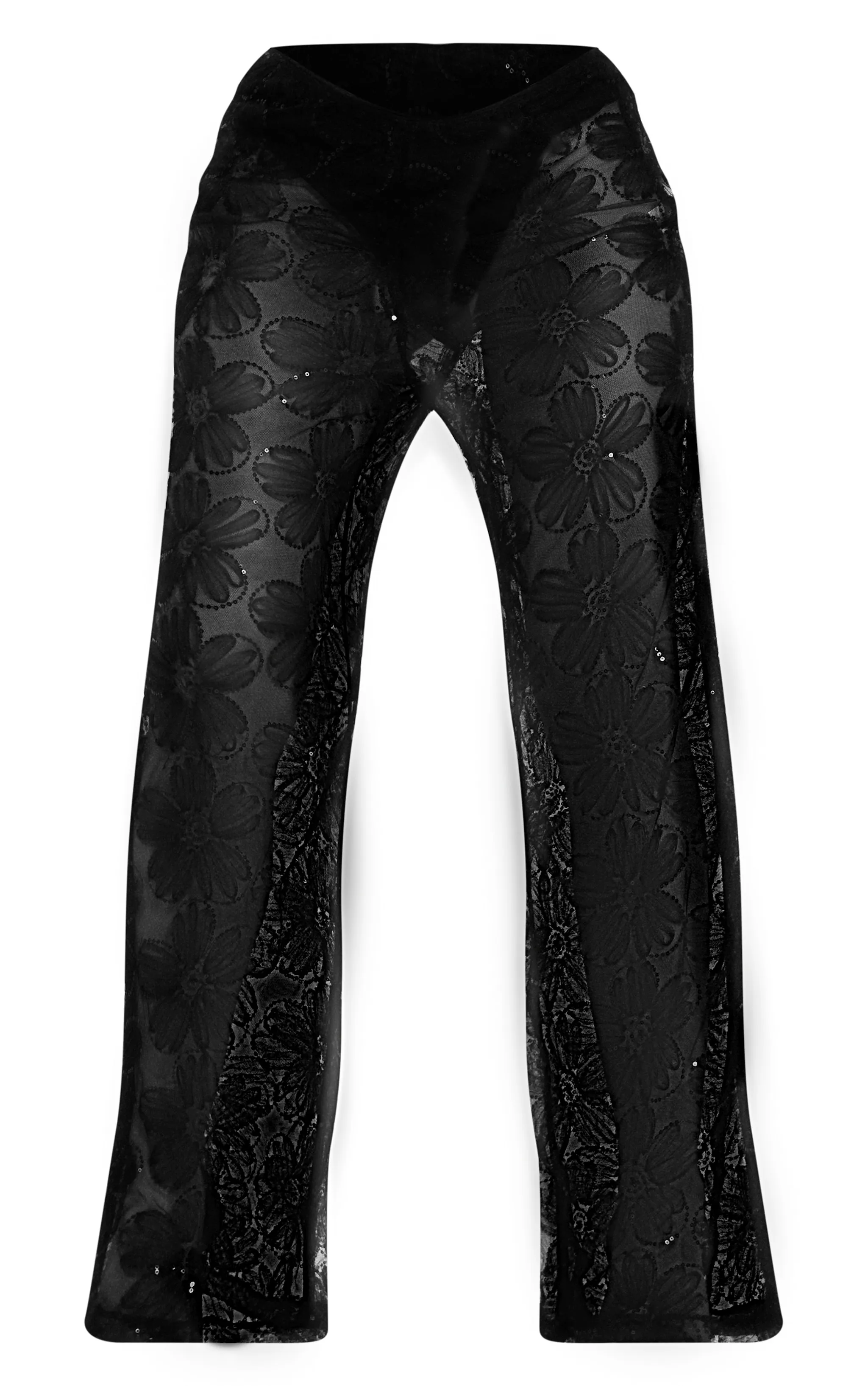 Pantalon noir transparent à fleurs à sequins