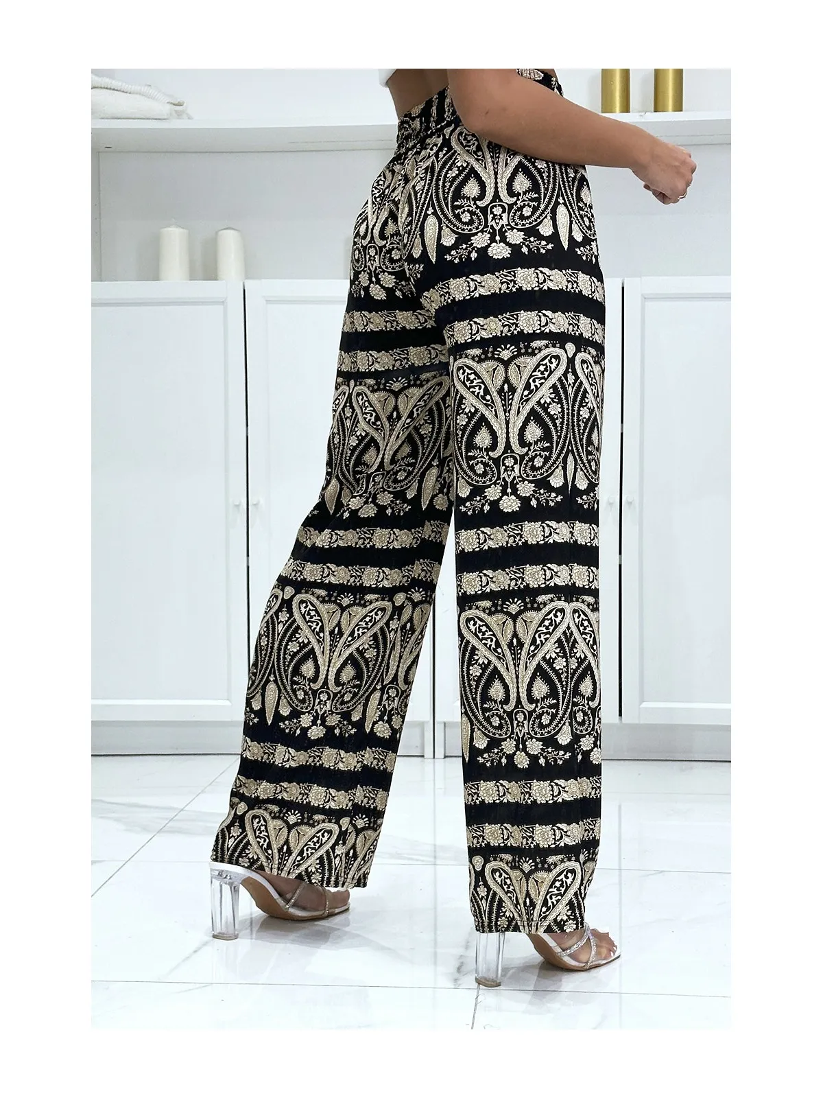 Pantalon palazzo avec sublime motif noir et beige