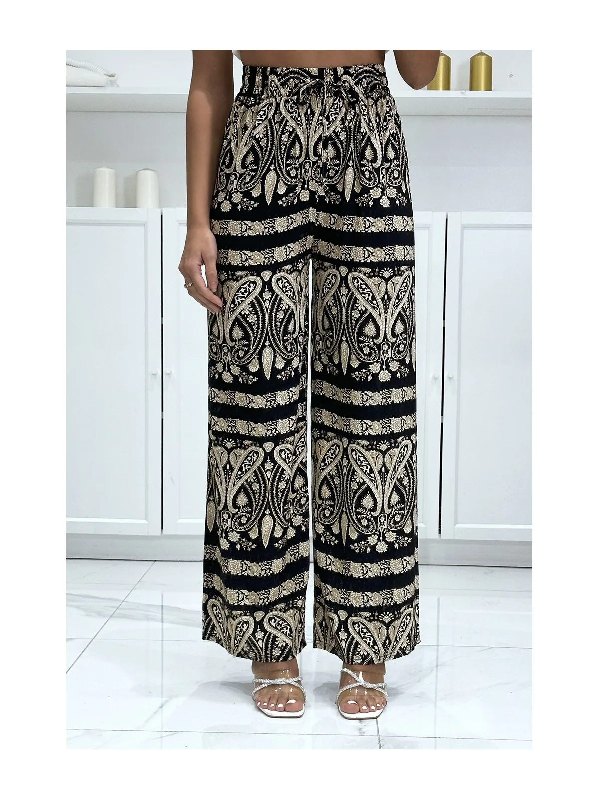 Pantalon palazzo avec sublime motif noir et beige