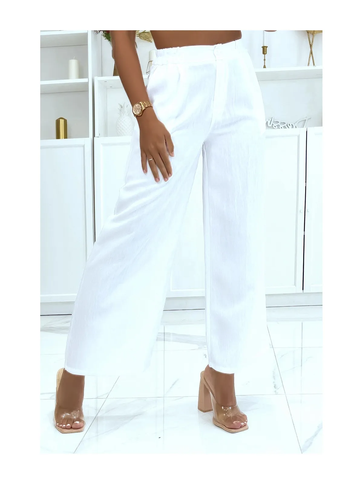 Pantalon palazzo blanc fluide cintré à la taille avec fermeture éclair et joli bouton