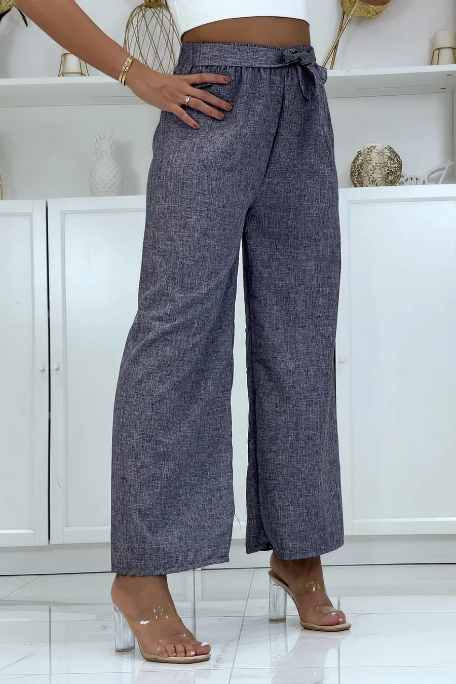 Pantalon palazzo dans une jolie matière bleu chiné