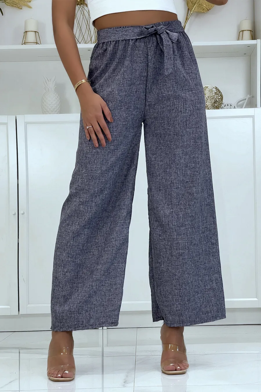 Pantalon palazzo dans une jolie matière bleu chiné