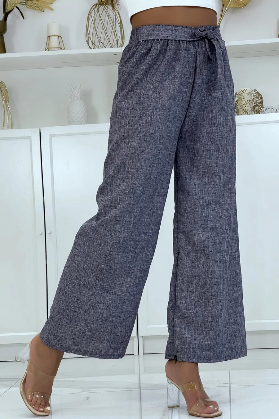 Pantalon palazzo dans une jolie matière bleu chiné