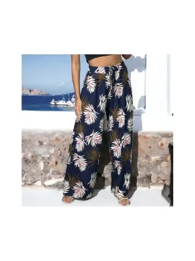 Pantalon palazzo grande taille marine à motif feuilles