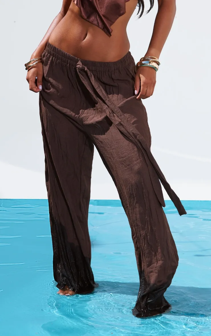 Pantalon palazzo marron chocolat effet lin