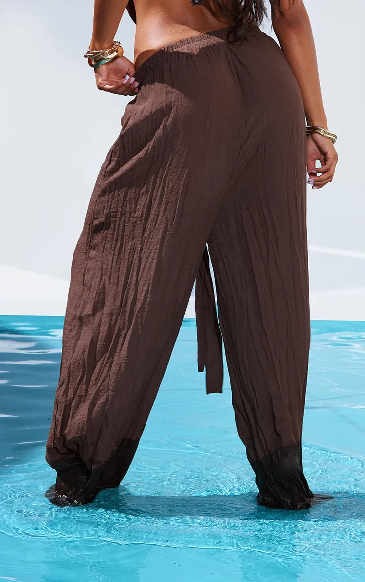 Pantalon palazzo marron chocolat effet lin