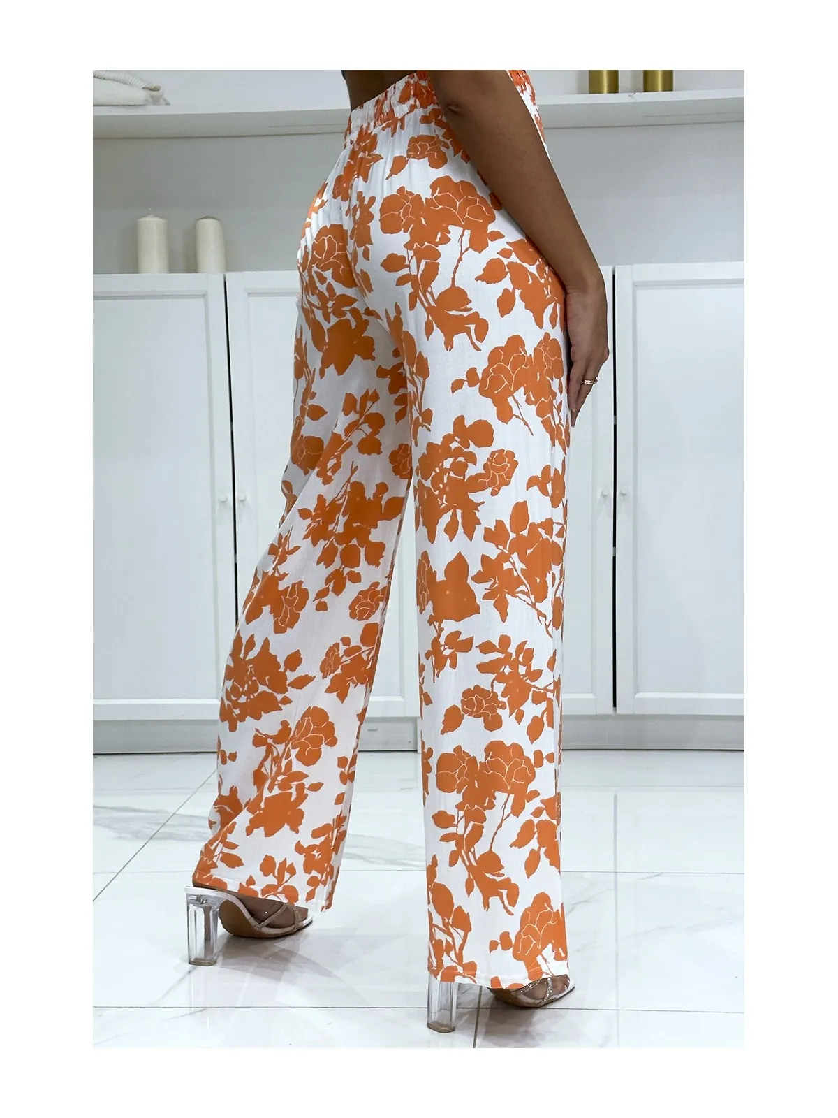 Pantalon palazzo orange et blanc en coton motif fleuris