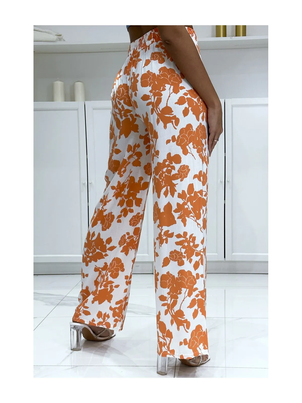 Pantalon palazzo orange et blanc en coton motif fleuris