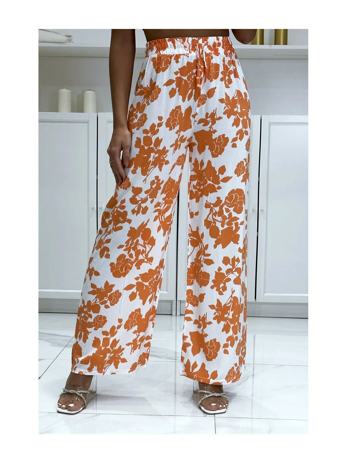 Pantalon palazzo orange et blanc en coton motif fleuris