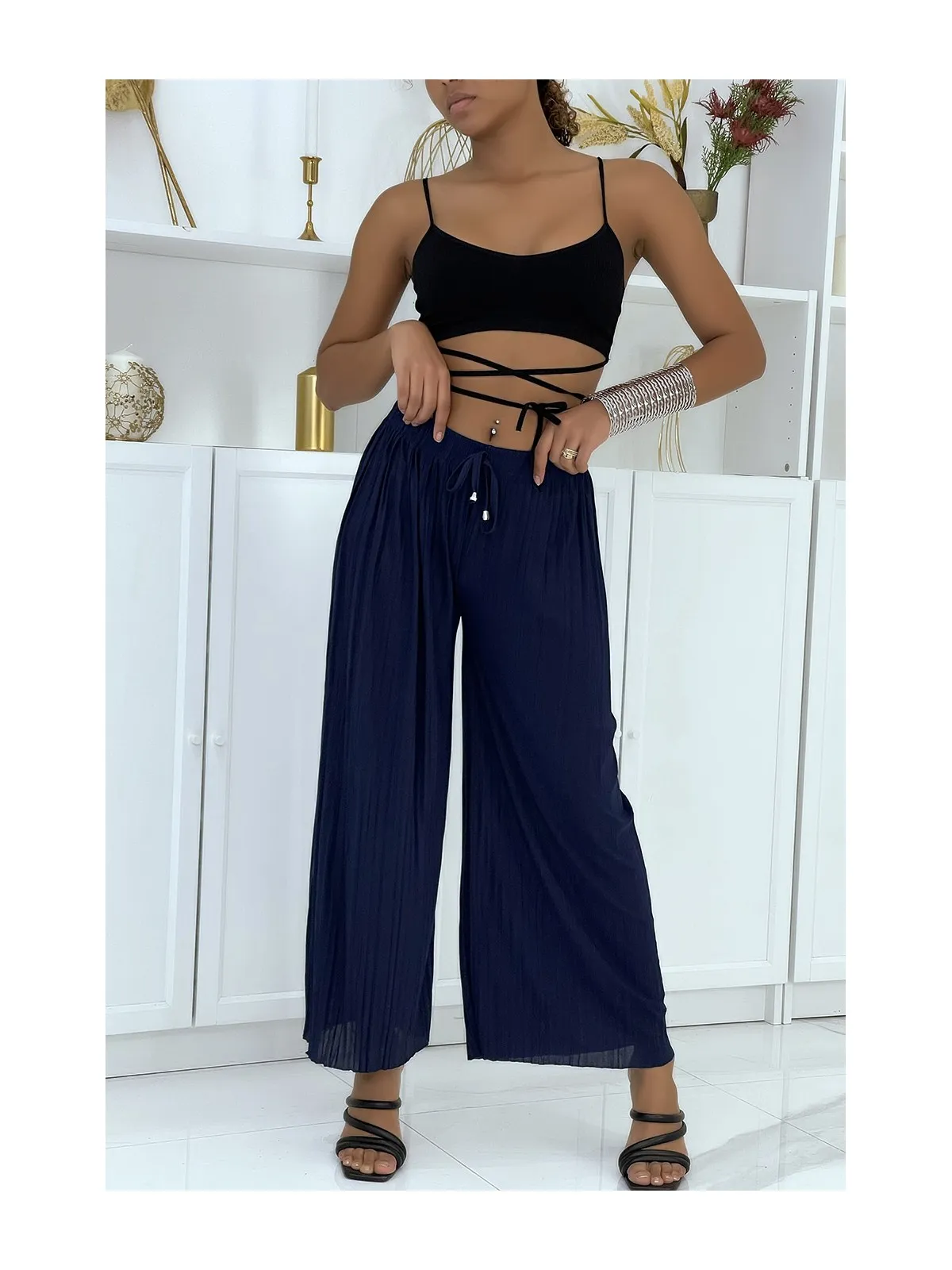 Pantalon palazzo plissé marine très tendance