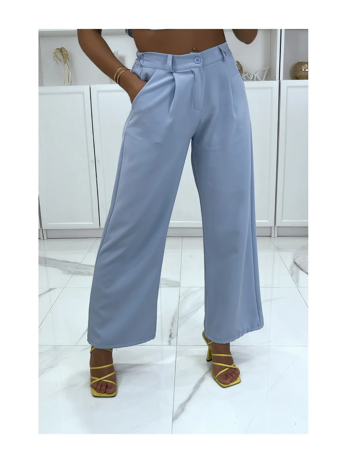 Pantalon palazzo turquoise avec poches et élastique au dos