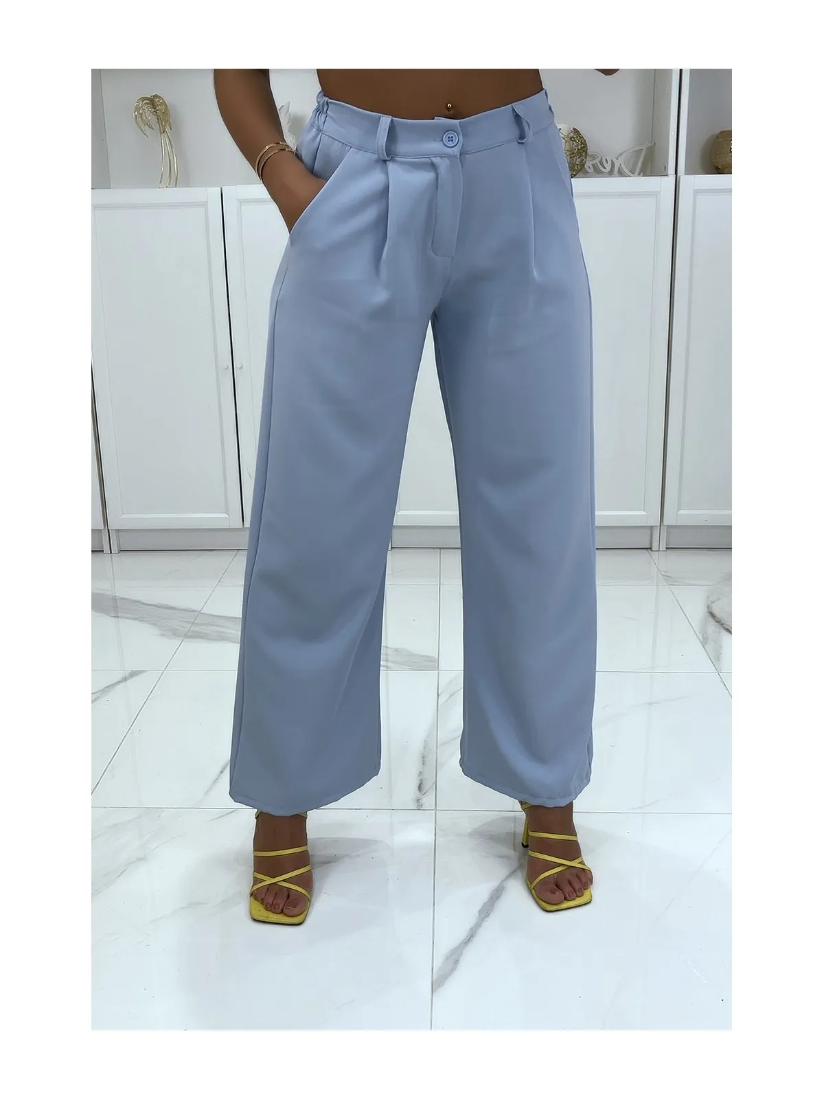 Pantalon palazzo turquoise avec poches et élastique au dos