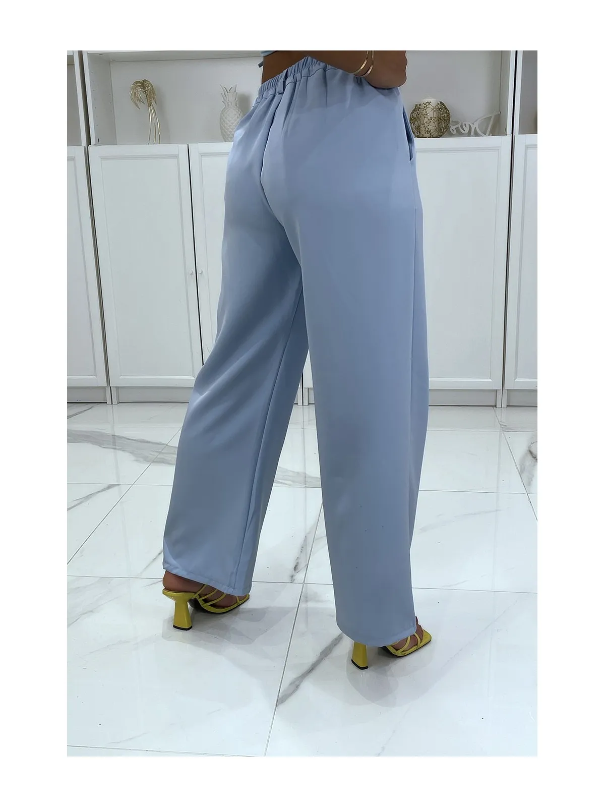 Pantalon palazzo turquoise avec poches et élastique au dos