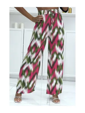 Pantalon palazzo vert et fuchsia avec jolie motif coloré