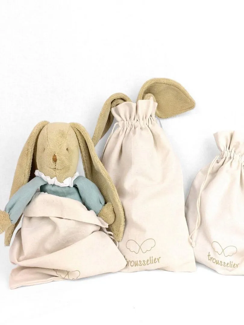 Peluche En Lin Ange Lapin Vert Céladon + Pochette En Coton (20 Cm) - Vert d'eau