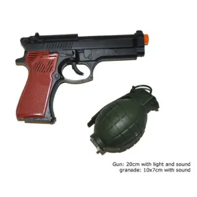 Pistolet en plastique de 20cm avec fausse grenade sonore et lumières