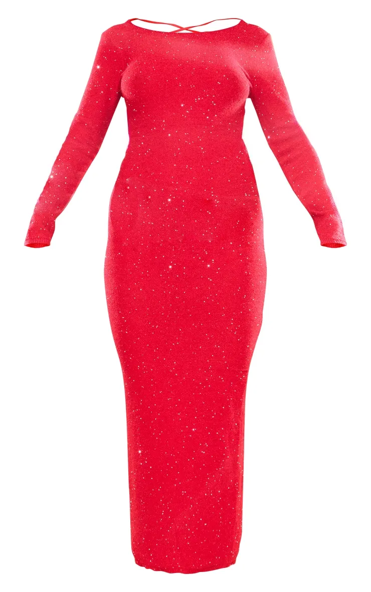 Robe longue en maille tricot rouge lacée dans le dos à sequins