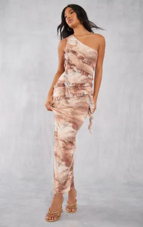 Robe longue en mesh imprimé abstrait marron à volants asymétriques et épaule unique