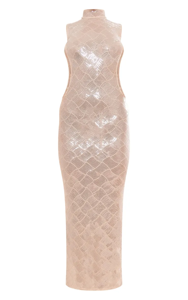 Robe longue en sequins dorés lacée à motifs et col haut