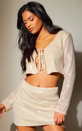 Tall Crop top noué devant à sequins rose nude