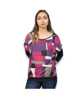 Tee shirt femme manches longues motifs asymétriques col rond