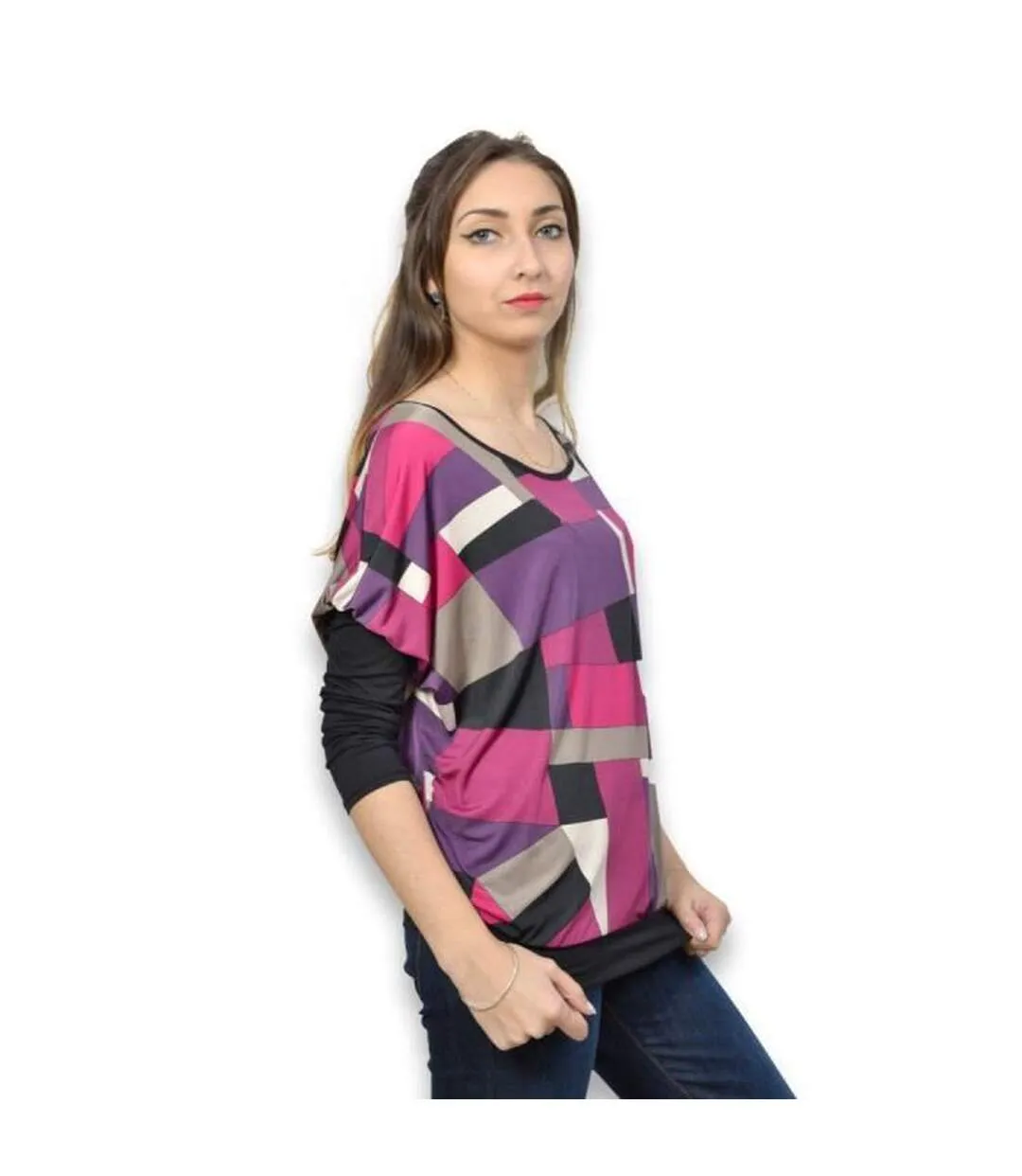 Tee shirt femme manches longues motifs asymétriques col rond