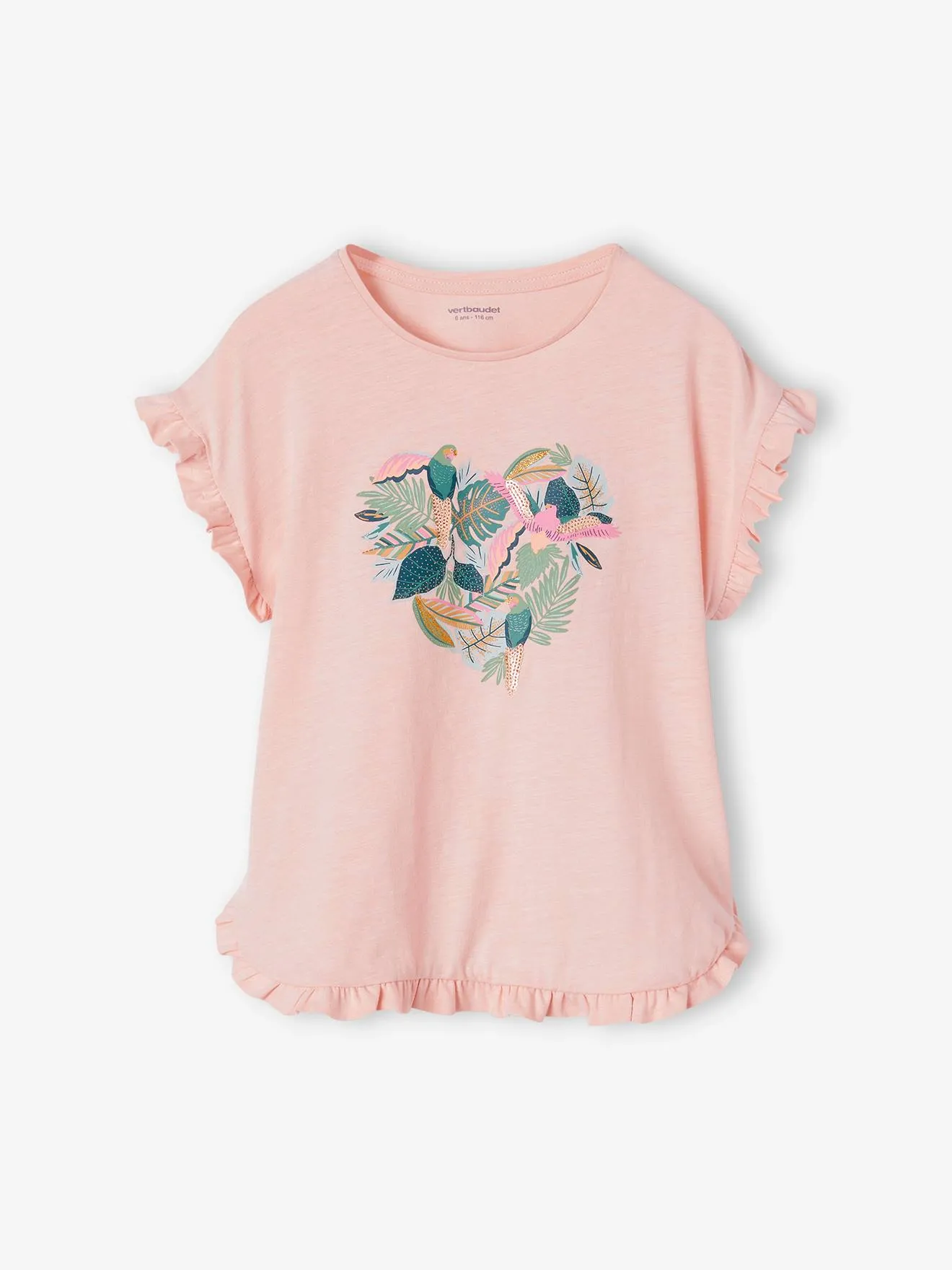 Tee-shirt volanté motif à sequins fille rose pâle - Vertbaudet