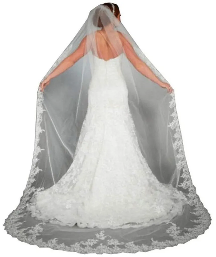 Veils De Mariée Accessoires De Mariage Élégants Appliques Tulle Longues Voies De Mariage Cathédrale Veaux Dentelle 1t Veil Nupti