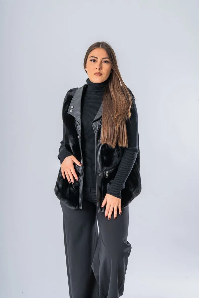 Veste sans manches fausse fourrure simili fermeture éclair noir