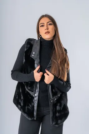 Veste sans manches fausse fourrure simili fermeture éclair noir